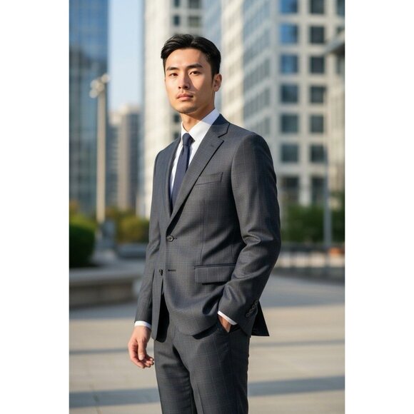 Gant Men’s 2 Piece Navy Blue Windowpane Check Pleated Euro Fit Suit Size In Disc - Picture 1 of 16